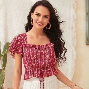 SHEIN Ruffle Trim Tie Detail Crop Top